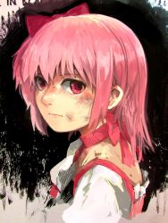 Rule 34 | 10s, 1girl, alternate hairstyle, black background, bow, bruise, choker, collar, cuts, dirty, dirty face, from side, frown, hair bow, hair half undone, injury, kaname madoka, looking at viewer, looking to the side, magical girl, mahou shoujo madoka magica, mahou shoujo madoka magica (anime), pink eyes, pink hair, red bow, scratches, side ponytail, silverxp, simple background, solo, upper body
