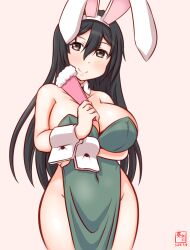 Rule 34 | 1girl, alternate costume, animal ears, artist logo, black hair, breasts, chikuma (kancolle), covered navel, dated, detached collar, dress, fake animal ears, folded fan, folding fan, gradient background, green dress, hair between eyes, hand fan, kanon (kurogane knights), kantai collection, large breasts, leotard, long hair, looking at viewer, no panties, one-hour drawing challenge, pink background, playboy bunny, solo, strapless, wrist cuffs