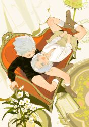 Rule 34 | 2boys, aged down, argentum 1121, blue eyes, book, brothers, capcom, child, couch, dante (devil may cry), devil may cry (series), devil may cry 5, fang, full body, hair slicked back, highres, lap pillow, looking at another, lying, lying on lap, lying on person, male focus, multiple boys, on back, on couch, open mouth, petals, siblings, sitting, smile, twins, vergil (devil may cry), white hair