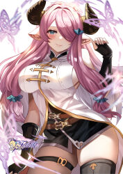 Rule 34 | 1girl, aqua eyes, artist logo, artist name, asymmetrical legwear, belt, black gloves, black horns, black pantyhose, black thighhighs, blurry, blurry foreground, blush, braid, breasts, brown belt, bug, butterfly, closed mouth, commentary, crown braid, felielle, fingerless gloves, gloves, granblue fantasy, hair intakes, hair ornament, hair over one eye, hair tie, highres, horns, insect, large breasts, long hair, looking at viewer, narmaya (granblue fantasy), pantyhose, pink butterfly, pink hair, pink lips, pointy ears, single leg pantyhose, single thighhigh, skindentation, smile, solo, thick thighs, thigh strap, thighhighs, thighs, white background
