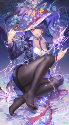 Rule 34 | 1girl, absurdres, artist name, atdan, blue flower, blunt bangs, breasts, cleavage, crystalfly (genshin impact), detached collar, electricity, feet, flower, full body, genshin impact, hand on headwear, hat, hat flower, highres, large breasts, long hair, long sleeves, looking at viewer, mole, mole under eye, nail polish, neck tassel, no shoes, open clothes, open shirt, pantyhose, parted lips, print shirt, purple eyes, purple flower, purple hair, purple hat, purple nails, purple shirt, raiden shogun, shirt, sitting, solo, very long hair, witch hat