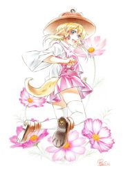 Rule 34 | 1girl, animal ears, blonde hair, blue eyes, brown footwear, brown hat, clenched hands, cross-laced clothes, dog ears, dog tail, fangs, flower, full body, hair ribbon, hat, highres, kemonomimi mode, looking at viewer, looking back, moriya suwako, nora wanko, open mouth, paw shoes, pink flower, purple skirt, purple vest, ribbon, shirt, shoe soles, shoes, short hair with long locks, sidelocks, signature, skirt, smile, solo, tail, thighhighs, touhou, vest, white background, white shirt, white thighhighs, wide sleeves