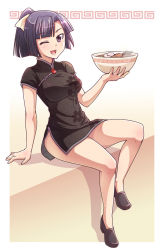 Rule 34 | 1girl, ;d, arm support, black hair, bowl, china dress, chinese clothes, dress, e20, food, holding, kamaboko, kami nomi zo shiru sekai, looking at viewer, meandros, narutomaki, noodles, one eye closed, open mouth, ponytail, purple eyes, ramen, short hair, sitting, smile, solo, uemoto sumire, wink