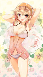Rule 34 | 1girl, :d, absurdres, arm behind head, armpits, arms up, babydoll, blonde hair, breasts, bug, cafe-chan to break time, cameltoe, commentary request, covered erect nipples, floral background, hair between eyes, hand in own hair, highres, insect, ladybug, large breasts, lingerie, looking at viewer, multicolored hair, navel, nipples, open mouth, panties, porurin, purple hair, red eyes, revision, see-through, side-tie panties, smile, solo, tea (cafe-chan to break time), towel, towel on head, two-tone hair, underwear, wet, white panties
