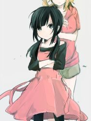 Rule 34 | 2girls, apron, asahina hiyori, black eyes, black hair, black leggings, black shirt, closed mouth, clothes writing, crossed arms, feet out of frame, grey shorts, hood, hoodie, kagerou project, kisaragi momo, leggings, long hair, low twintails, moso4, multiple girls, off-shoulder shirt, off shoulder, orange hair, pink apron, pink skirt, projected inset, red hoodie, shirt, short sleeves, shorts, side ponytail, simple background, skirt, skirt set, sleeves past elbows, solo focus, twintails