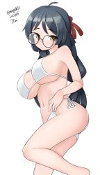 Rule 34 | 1girl, absurdres, ahoge, bikini, black hair, braid, breasts, brown eyes, feet out of frame, glasses, heian maru (kancolle), highres, kantai collection, large breasts, long hair, looking at viewer, lying, maru (marg0613), on side, one-hour drawing challenge, round eyewear, side-tie bikini bottom, simple background, single braid, solo, swimsuit, white background, white bikini