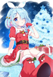 Rule 34 | 1girl, arona (blue archive), belt, blue archive, blue hair, blush, boots, brown belt, christmas present, christmas tree, colored inner hair, dress, fur-trimmed boots, fur-trimmed dress, fur-trimmed gloves, fur trim, gift, gloves, headband, highres, looking at viewer, mikumiku37, multicolored hair, one eye closed, open mouth, pink hair, red dress, red footwear, red gloves, santa boots, santa dress, santa gloves, short hair, white headband