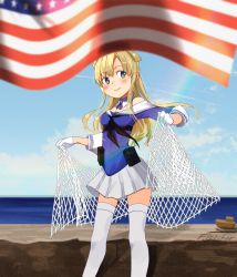 Rule 34 | 1girl, american flag, annin musou, bad id, bad twitter id, blonde hair, blue eyes, blue shirt, blue sky, breasts, character name, cloud, commentary request, contrapposto, day, double bun, feet out of frame, fletcher (kancolle), gloves, hair bun, highres, horizon, kantai collection, large breasts, neckerchief, ocean, outdoors, pleated skirt, sailor collar, school uniform, serafuku, shirt, skirt, sky, solo, standing, thighhighs, white gloves, white sailor collar, white skirt, white thighhighs, yellow neckerchief