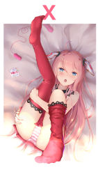 Rule 34 | 1girl, ahoge, bed, blue eyes, blush, condom, folded, from above, headgear, highres, lace, lace-trimmed legwear, lace trim, leg hold, long hair, looking at viewer, lying, on back, original, outside border, panties, pantyshot, pink hair, pleated skirt, poke (610366737), red skirt, red thighhighs, sex toy, skirt, sleeveless, solo, striped clothes, striped panties, thighhighs, tongue, tongue out, underwear, vibrator