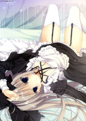 Rule 34 | 1girl, absurdres, arm up, bed, bed sheet, blue eyes, bow, bra, dress, garter straps, grey hair, hair bow, hair ribbon, highres, indoors, inugami kira, knees up, legs, lolita fashion, long sleeves, looking at viewer, lying, on back, on bed, open clothes, open dress, ribbon, tareme, thighhighs, underwear, white bra, white thighhighs