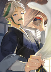 Rule 34 | 1boy, beni (pokemon), black kimono, blue eyes, ceiling, commentary request, creatures (company), facial hair, game freak, goatee, green hair, grey hair, grey shirt, half-closed eyes, highres, holding, holding poke ball, indoors, japanese clothes, kimono, kokouno oyazi, looking at viewer, looking down, male focus, multicolored hair, nintendo, poke ball, poke ball (legends), pokemon, pokemon legends: arceus, shirt, solo