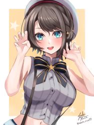 Rule 34 | 1girl, :d, bare arms, bare shoulders, black bow, black bowtie, blue eyes, blush, bow, bowtie, braid, breasts, brown hair, claw pose, dated, french braid, grey hat, hair ornament, hairclip, hat, highres, hololive, large breasts, mochi rice (mochi rice33), oozora subaru, oozora subaru (work), open mouth, pinstripe pattern, pinstripe shirt, sailor hat, shirt, short hair, sleeveless, sleeveless shirt, smile, solo, star (symbol), striped clothes, striped shirt, suspenders, swept bangs, teeth, twitter username, upper body, upper teeth only, vertical-striped clothes, vertical-striped shirt, virtual youtuber