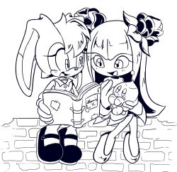 Rule 34 | 2girls, animal nose, bare shoulders, blush, book, brick wall, buttons, chao (sonic), collared dress, cosmo (sonic), cream the rabbit, creature, dress, female focus, flat chest, flower, full body, furry, furry female, gloves, greyscale, hair flower, hair ornament, hand up, happy, highres, holding, holding creature, knees together feet apart, light blush, long hair, looking at another, looking down, looking to the side, monochrome, multiple girls, on wall, open book, open mouth, rabbit ears, rabbit girl, reading, shoes, short hair, sidelocks, simple background, sitting, sketch, sleeveless, sleeveless dress, smile, sonic (series), stellarspin, white background