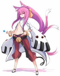 Rule 34 | 1girl, animal ears, bell, belt, black belt, black panties, blazblue, breasts, candy, cat ears, cat girl, cat tail, coat, commentary request, fingernails, food, full body, glasses, grey footwear, groin, hair between eyes, hair ribbon, hand on own hip, highres, holding, holding candy, holding food, holding lollipop, jingle bell, karukan (monjya), kokonoe (blazblue), lollipop, long hair, midriff, multiple tails, navel, opaque glasses, orange ribbon, panties, pants, pince-nez, pink hair, ponytail, red eyes, red pants, revision, ribbon, sidelocks, simple background, small breasts, solo, standing, tail, two tails, underwear, very long hair, white background, white coat