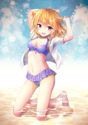 Rule 34 | 1girl, :d, ahoge, arms up, bare legs, barefoot, bikini, blonde hair, blue sky, breasts, cleavage, cloud, glint, gluteal fold, hair flaps, jacket, kneeling, looking at viewer, medium breasts, navel, open clothes, open jacket, open mouth, original, purple bikini, red eyes, short hair, short sleeves, sky, smile, solo, sparkle, stomach, swimsuit, thighs, vesper (pixiv3568), water, white jacket