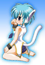 Rule 34 | 00s, 1girl, :p, animal ears, aqua hair, barefoot, blue eyes, blue hair, breasts, broccoli (company), cat ears, cat tail, feet, galaxy angel, galaxy angel rune, gradient background, kneeling, licking, looking at viewer, looking back, matching hair/eyes, nano-nano pudding, short hair, simple background, small breasts, soles, solo, tail, toes, tongue, tongue out, uniform