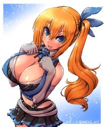 Rule 34 | 1girl, amania orz, bare shoulders, blonde hair, blue eyes, blue flower, blue rose, blush, breasts, cleavage, commentary request, elbow gloves, flower, gloves, hair ribbon, highleg, large breasts, long hair, looking at viewer, midriff, mirai akari, mirai akari project, navel, open mouth, ribbon, rose, side ponytail, skirt, smile, solo, thighhighs, virtual youtuber, white gloves