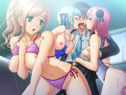 Rule 34 | 3girls, aqua hair, bikini, blush, grabbing another&#039;s breast, breasts, brown hair, censored, covered erect nipples, grabbing, green eyes, harem, large breasts, long hair, multiple girls, nipples, open mouth, pink hair, ponytail, pussy, short hair, sweat, swimsuit, tan, tanline, tongue