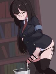 Rule 34 | 1girl, ahegao, animated, arm under breasts, armband, bar censor, blush, bookshelf, breast pocket, breasts, brown eyes, brown hair, buttons, censored, closed eyes, clothes, cuff links, cum, cum in container, ejaculation, erection, futanari, futanari masturbation, glasses, jacket, long hair, long sleeves, lowres, masturbation, medium breasts, necktie, open mouth, panties, panties around thighs, penis, pocket, shiwa kou, solo, string panties, tagme, testicles, thighhighs, thighs, trash can, underwear, uniform, very long hair, video