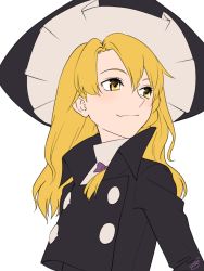 Rule 34 | 1girl, adapted costume, amino (tn7135), bad id, bad pixiv id, blonde hair, hat, jacket, kirisame marisa, long hair, looking away, signature, solo, touhou, turtleneck, upper body, white background, witch hat, yellow eyes