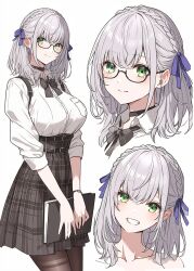 Rule 34 | 1girl, alternate costume, black choker, book, bow, braid, breast pocket, breasts, brown pantyhose, bubu2kufo, choker, collarbone, french braid, glasses, green eyes, grey hair, high-waist skirt, highres, holding, holding book, hololive, large breasts, looking at viewer, medium hair, official alternate hair length, official alternate hairstyle, pantyhose, parted hair, plaid, plaid skirt, pocket, print bow, purple ribbon, ribbon, shirogane noel, shirt, shirt tucked in, skirt, sleeves rolled up, smile, suspender skirt, suspenders, thighband pantyhose, virtual youtuber, watch, wavy hair, white shirt, wristwatch