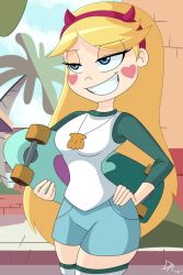 Rule 34 | 1girl, blonde hair, blue eyes, blush stickers, breasts, hand on own hip, heart, highres, holding, horned headwear, horns, jewelry, long hair, necklace, shell, skateboard, sky, smile, solo, star butterfly, star vs the forces of evil