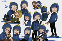 Rule 34 | 4boys, absurdres, backpack, bag, blonde hair, blue headwear, blue jacket, blush, brown hair, cellphone, chromatic aberration, clyde donovan, craig tucker, cup, english text, gag, gagged, gagged male, hat, highres, holding, holding phone, improvised gag, jacket, male focus, middle finger, mug, multiple boys, open mouth, phone, pom pom (clothes), simple background, smartphone, smile, south park, standing, tairiku, tape, tape gag, tweek tweak, white background, yaoi