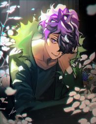 Rule 34 | 1boy, bad id, bad twitter id, blue flower, blue rose, btmr game, closed mouth, coat, commentary, elbow rest, flower, garry (ib), hair over one eye, head rest, highres, ib (kouri), leaf, long sleeves, looking at viewer, male focus, open clothes, open coat, petals, purple eyes, purple hair, rose, signature, solo, sparkle, torn clothes, upper body