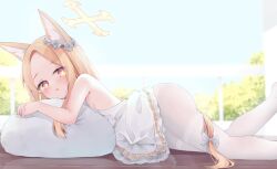 Rule 34 | 1girl, animal ears, ass, blonde hair, blue archive, blush, day, dress, fox ears, frilled dress, frills, halo, highres, kianata, long hair, looking at viewer, lying, on stomach, open mouth, outdoors, pantyhose, parted lips, revision, seia (blue archive), solo, white dress, white pantyhose, yellow eyes, yellow halo