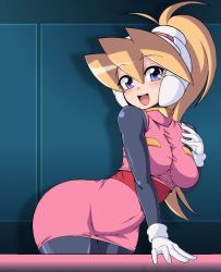 Rule 34 | 1girl, bent over, blonde hair, blue eyes, blush, breasts, ciel (mega man), covered navel, gloves, hair between eyes, headgear, high ponytail, impossible clothes, long hair, looking at viewer, medium breasts, mega man (series), mega man zero (series), open mouth, pantyhose, pink skirt, ponytail, semikichi, simple background, skin tight, skirt, smile, solo, taut clothes, white gloves