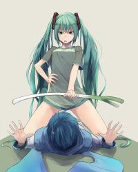 Rule 34 | 1boy, 1girl, bad id, bad pixiv id, blue hair, green eyes, green hair, hand on own hip, hatsune miku, highres, kaito (vocaloid), long hair, lying, milaria, on back, open mouth, shirt, spring onion, straddling, t-shirt, very long hair, vocaloid