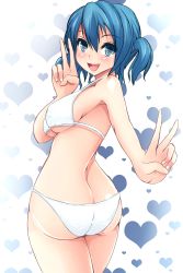 Rule 34 | 1girl, :d, ass, bikini, blue eyes, blue hair, blush, breasts, butt crack, happy, heart, highres, large breasts, looking at viewer, looking back, matching hair/eyes, narumi karen, open mouth, original, shiny skin, short hair, short twintails, sideboob, smile, solo, strap gap, sukesan, swimsuit, twintails, underboob, v, white bikini