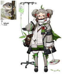 Rule 34 | 1girl, absurdres, bag, bandaid, bandaid on face, bandaid on nose, black footwear, black gloves, black mask, blade, brown bag, circular saw, commentary request, fang, flowey (undertale), full body, gloves, grey eyes, grey hair, grey legwear, highres, index finger raised, koala, korean commentary, leaf, long sleeves, looking at viewer, mask, mask pull, medium hair, mouth mask, onegai my melody, open mouth, original, personification, photo-referenced, rinotuna, sanrio, sans (undertale), saw, shoes, shoulder bag, simple background, solo, standing, surgical mask, sweater, undertale, white background, white sweater