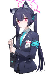 Rule 34 | 1girl, absurdres, black hair, black jacket, black skirt, blue archive, blue necktie, dreamsky 828, halo, highres, id card, jacket, necktie, purple eyes, serika (blue archive), shirt, simple background, skirt, solo, twintails, upper body, white background, white shirt
