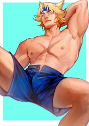 Rule 34 | 1boy, abs, animal ears, arm behind head, bara, blonde hair, blue headband, blue shorts, closed mouth, cross scar, fiiiiiiisher7, headband, highres, large pectorals, league of legends, male focus, muscular, muscular male, navel, nipples, official alternate costume, pectorals, scar, scar on chest, scar on face, scar on nose, sett (league of legends), short hair, shorts, solo, soul fighter sett, thick thighs, thighs, topless male