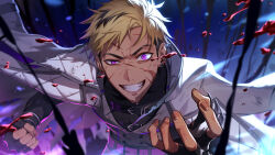 Rule 34 | 13 (bbr584607091), 1boy, black shirt, blonde hair, blood, blue background, clenched hand, coat, commentary, dark-skinned male, dark skin, fingerless gloves, gloves, gradient background, grimace, highres, leaning forward, looking at viewer, male focus, nijisanji, nijisanji en, purple background, purple eyes, scar, scar on face, shirt, short hair, solo, symbol-only commentary, teeth, vantacrow bringer, virtual youtuber, white coat