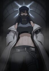 Rule 34 | 1girl, bare shoulders, baseball cap, belt, black belt, black hair, black pants, blue archive, breasts, byungttal, coat, commentary, cowboy shot, crop top, hat, highres, large breasts, leggings, long hair, long sleeves, looking at viewer, mask, midriff, mouth mask, navel, off shoulder, open clothes, open coat, pants, saori (blue archive), solo, standing, stomach, thighs, white coat, white eyes