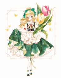 Rule 34 | 1girl, :3, black footwear, blonde hair, blue eyes, blush, border, bow, bowtie, bug, butterfly, closed mouth, clothes lift, curly hair, daisy, dress, dress lift, eko (ecology), flower, frilled dress, frills, full body, green bow, green dress, hair bow, holding, holding flower, insect, lace, lace-trimmed dress, lace trim, lifted by self, long hair, long sleeves, looking at viewer, mary janes, original, outside border, painting (medium), pantyhose, pink flower, pink tulip, red bow, red bowtie, shoes, solo, standing, traditional media, tulip, watercolor (medium), white background, white pantyhose, white sleeves, yellow butterfly, yellow flower, yellow tulip