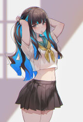 Rule 34 | 1girl, absurdres, arms behind head, arms up, black hair, black skirt, blue hair, breasts, colored inner hair, crop top, fate/grand order, fate (series), green sailor collar, grey eyes, highres, long hair, looking at viewer, miniskirt, mouth hold, multicolored hair, navel, neckerchief, paid reward available, pleated skirt, sailor collar, shirt, short sleeves, sidelocks, skirt, small breasts, solo, tenochtitlan (fate), thighs, tying hair, ura illust, white shirt, yellow neckerchief