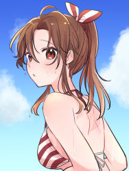 Rule 34 | 1girl, bikini, bikini top only, blue sky, blush, bow, breasts, brown hair, character request, cloud, day, ensemble stars!, from side, genderswap, genderswap (mtf), hair between eyes, hair bow, hair intakes, halterneck, kightningale sleep, long hair, medium breasts, morisawa chiaki, outdoors, ponytail, red eyes, shoulder blades, sideboob, sketch, sky, solo, strap gap, striped bikini, striped bow, striped clothes, sweatdrop, swimsuit, upper body