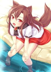 Rule 34 | 1girl, animal ears, ascot, barefoot, blush, breasts, brown hair, dress, fangs, feet, hands on own knees, imaizumi kagerou, jewelry, long hair, looking at viewer, medium breasts, nail polish, niiya, open mouth, partially submerged, red eyes, short sleeves, sitting, smile, soaking feet, solo, tail, toenail polish, toenails, touhou, water, wolf ears, wolf tail