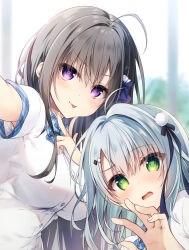 2girls :p ahoge black_hair black_ribbon blue_bow blue_bowtie blue_hair blurry blurry_background blush bow bowtie breasts closed_mouth commentary eyes_visible_through_hair frown green_eyes hair_between_eyes hair_bow hair_ornament hair_ribbon hand_up highres large_breasts light_blue_hair long_hair looking_at_viewer multiple_girls open_mouth original plaid_bow plaid_bowtie plaid_clothes pom_pom_(clothes) pom_pom_hair_ornament purple_eyes ribbon selfie shirt smile tongue tongue_out upper_body v v-shaped_eyebrows white_shirt yuzuna_hiyo