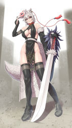 Rule 34 | 1girl, animal ear fluff, animal ears, asymmetrical gloves, bare shoulders, black footwear, black gloves, black sleeves, boots, breasts, cleavage, closed mouth, earrings, elbow gloves, fingerless gloves, full body, gloves, high heel boots, high heels, highres, holding, holding sword, holding weapon, inubashiri momiji, jewelry, looking at viewer, lyoung0j, mismatched gloves, ninja, pelvic curtain, red eyes, shadow, short hair, single sleeve, smile, solo, standing, sword, tail, thigh boots, touhou, weapon, white hair, wolf ears, wolf girl, wolf mask, wolf tail