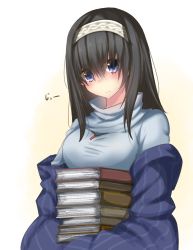 Rule 34 | 0141daihuku, 10s, 1girl, :|, bad id, bad pixiv id, black hair, blue eyes, blush, book, book stack, breast rest, breasts, carried breast rest, carrying, closed mouth, daifukumochi, eyes visible through hair, hair over eyes, hairband, head tilt, holding, holding book, idolmaster, idolmaster cinderella girls, jewelry, long hair, looking at viewer, moti yousei, pendant, sagisawa fumika, shawl, solo, sweater, taut clothes, turtleneck, upper body, white background
