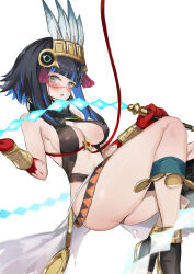 Rule 34 | 1girl, absurdres, anklet, bare shoulders, black hair, black skirt, blood, blood on hands, blue hair, blush, bracer, breasts, cleavage, colored inner hair, detached collar, facepaint, fate/grand order, fate (series), feathers, grey eyes, halterneck, headdress, high collar, high heels, highres, jewelry, looking at viewer, medium breasts, multicolored hair, navel, open mouth, pelvic curtain, sash, short hair, sidelocks, skirt, solo, tassel, tenochtitlan (fate), tenochtitlan (first ascension) (fate), thighs, ura illust, whip