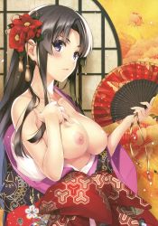 Rule 34 | 1girl, absurdres, animal print, bare shoulders, black hair, blush, breasts, bug, butterfly, butterfly print, collarbone, fingernails, floral print, flower, hair flower, hair ornament, hand fan, hand on own chest, highres, holding, holding fan, insect, japanese clothes, kimono, large breasts, long hair, looking at viewer, misaki kurehito, nipples, no bra, off shoulder, original, parted lips, purple eyes, scan, shiny skin, simple background, solo, upper body