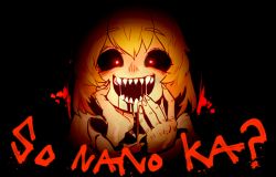 Rule 34 | 1girl, black background, black sclera, blonde hair, colored sclera, crazy eyes, crazy smile, dark, drooling, facing viewer, fingernails, glowing, hair ribbon, hand on own cheek, hand on own face, hands up, horror (theme), is that so, long sleeves, nyong nyong, open mouth, red eyes, red ribbon, ribbon, rumia, sharp teeth, smile, solo, teeth, touhou