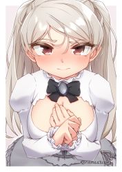 Rule 34 | 1girl, absurdres, blush, border, breasts, brown eyes, cleavage, closed mouth, conte di cavour (kancolle), dress, highres, kantai collection, large breasts, layered dress, long hair, long sleeves, looking at viewer, namaata, silver hair, solo, twitter username, two-tone dress, two side up, upper body, white border, white dress
