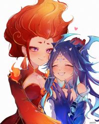 Rule 34 | 2girls, blue hair, blue horns, bonanus (genshin impact), chinese clothes, claws, closed eyes, commentary, dengjenk, dress, earrings, english commentary, facial mark, fiery hair, fire, genshin impact, hand on another&#039;s head, headpat, heart, highres, hikimayu, horns, indarias (genshin impact), jewelry, long hair, multiple girls, purple eyes, red dress, red hair, smile, tassel, tassel earrings, white background, wide sleeves