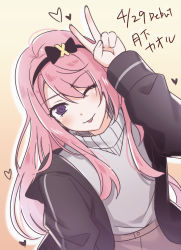 Rule 34 | 1boy, black jacket, commentary request, dated, hairband, heart, highres, holostars, jacket, long hair, male focus, megmilk-uk, one eye closed, pink hair, purple eyes, simple background, smile, solo, tongue, tongue out, trap, tsukishita kaoru, upper body, v, virtual youtuber